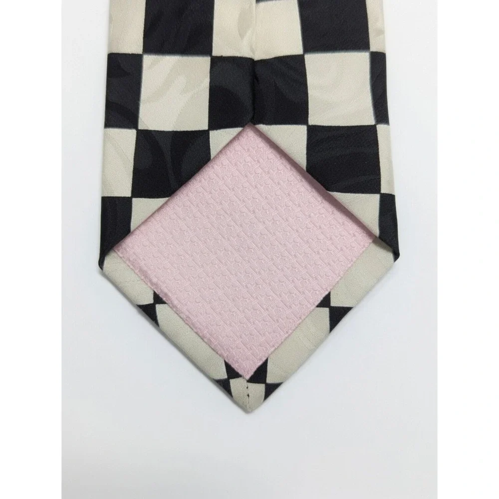 Vintage 1990s Seta Como Black and White Checkered Silk Necktie
